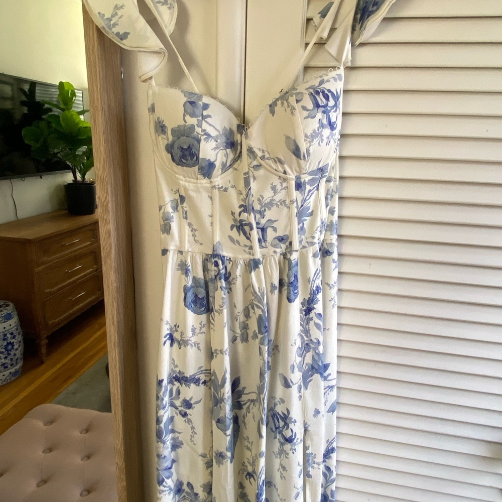 V. Chapman Vera Ruffle-Strap Corset Side-Slit Midi Dress at Anthropologie